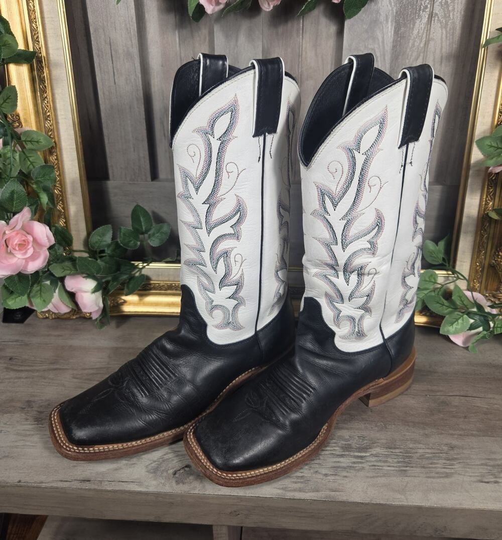 Justin BRL313 Women's 9B Black White Leather Western Cowboy Boots Square Toe USA